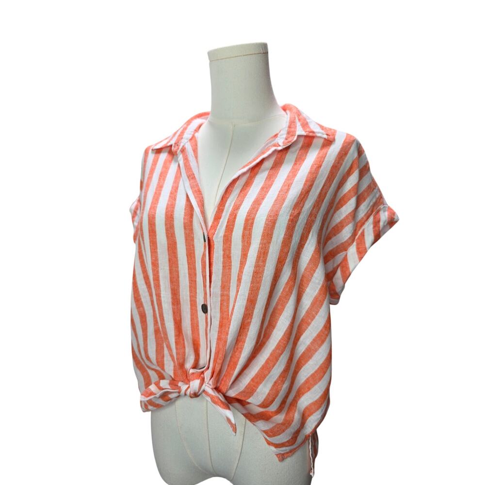 SONOMA Linen Stripe Button Down Front Tie Collar Top